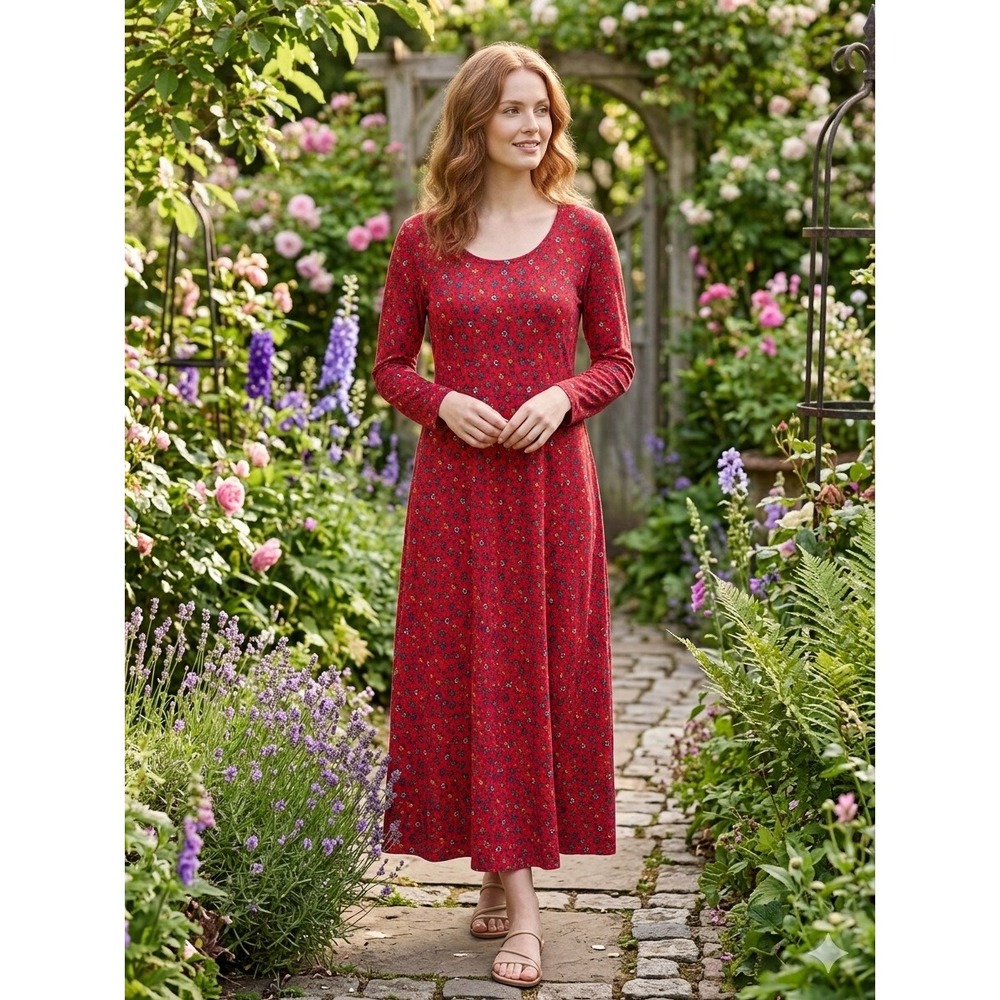 Hanna Andersson Womens Red Floral Cotton‎ Blend Long Sleeve Maxi Dress Small